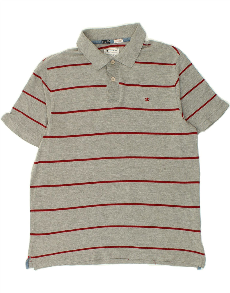 CHAMPION Boys Polo Shirt 12-13 Years Large Grey Striped Cotton | Vintage Champion | Thrift | Second-Hand Champion | Used Clothing | Messina Hembry 