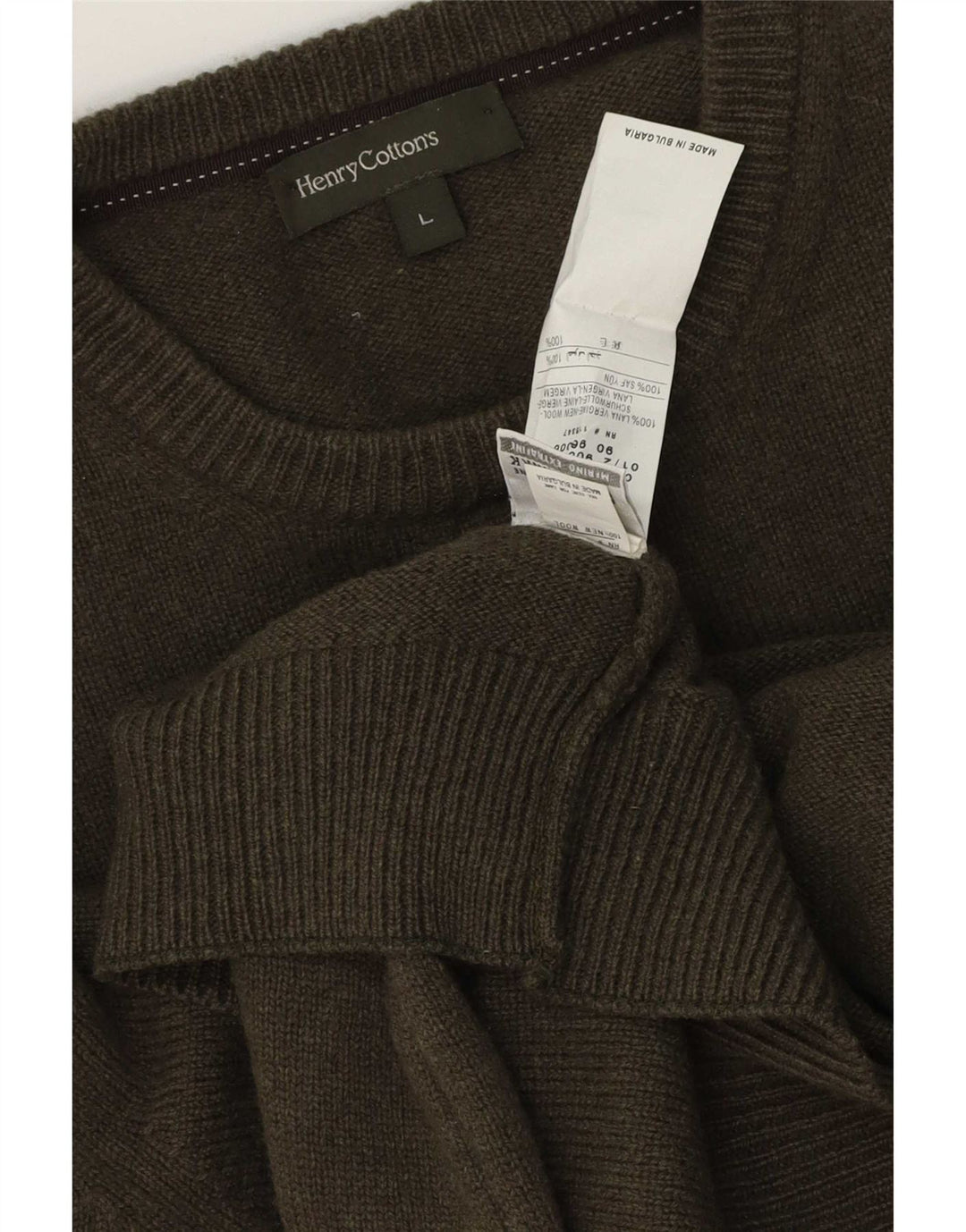 Henry Cottons Mens Crew Neck Jumper Sweater Large Khaki Virgin Wool
