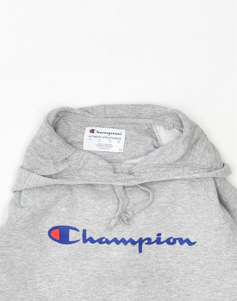 CHAMPION Womens Graphic Hoodie Jumper UK 16 Large Grey Polyester | Vintage Champion | Thrift | Second-Hand Champion | Used Clothing | Messina Hembry 
