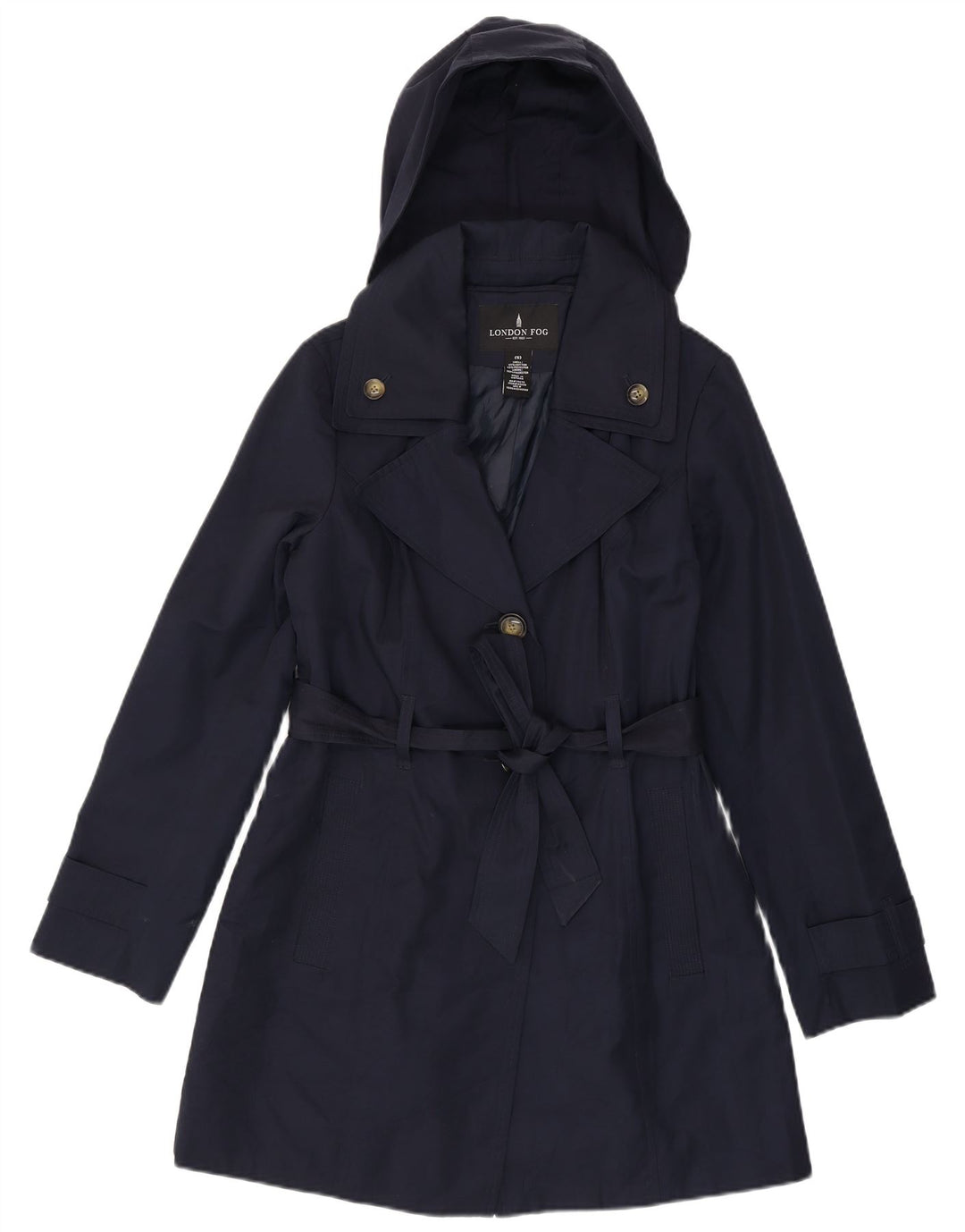 LONDON FOG Womens Hooded Trench Coat UK 10 Small Navy Blue Cotton