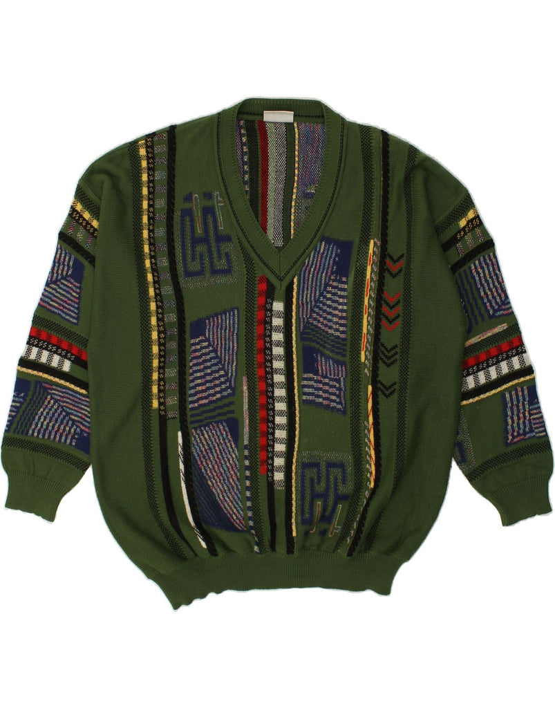 MONELLO Mens V-Neck Jumper Sweater IT 54 XL Green Geometric Cotton | Vintage Monello | Thrift | Second-Hand Monello | Used Clothing | Messina Hembry 