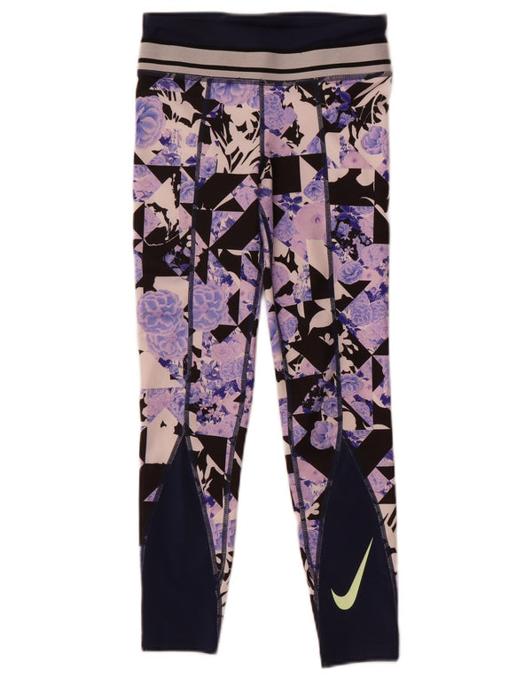 Nike Girls Dri Fit Leggings 8-9 Years Small Navy Blue Floral Polyester