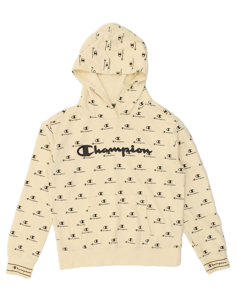 CHAMPION Girls Graphic Hoodie Jumper 11-12 Years Large Beige Cotton | Vintage Champion | Thrift | Second-Hand Champion | Used Clothing | Messina Hembry 