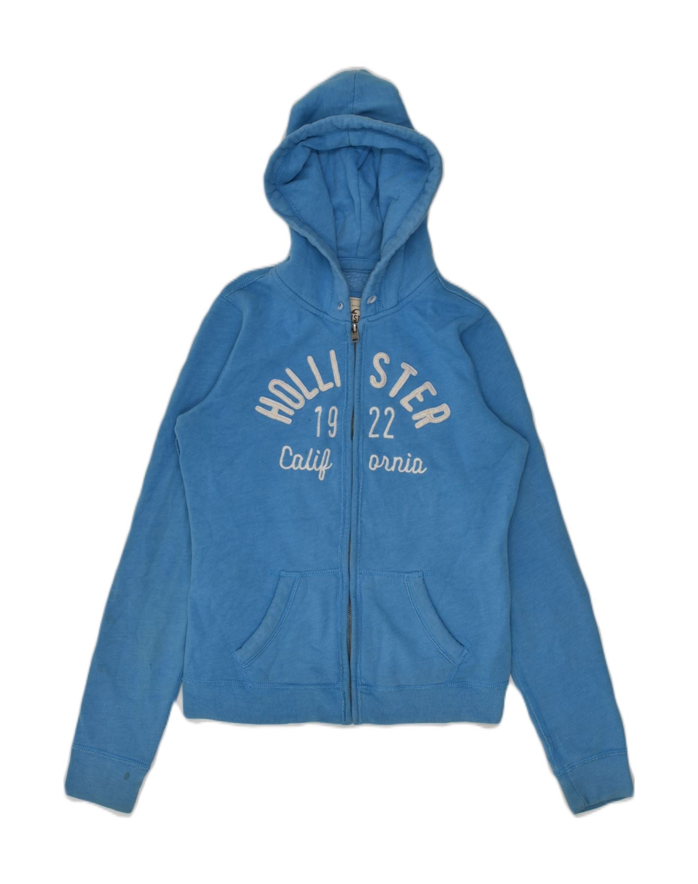 HOLLISTER Womens Graphic Zip Hoodie Sweater UK 10 Small Blue Cotton, Vintage & Second-Hand Clothing Online