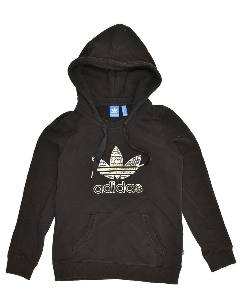 ADIDAS Womens Graphic Hoodie Jumper UK 12 Medium Black Cotton | Vintage Adidas | Thrift | Second-Hand Adidas | Used Clothing | Messina Hembry 