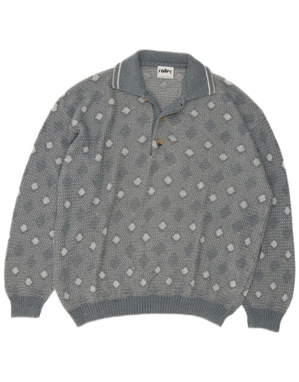 Vintage Mens Polo Neck Jumper Sweater Large Grey Geometric