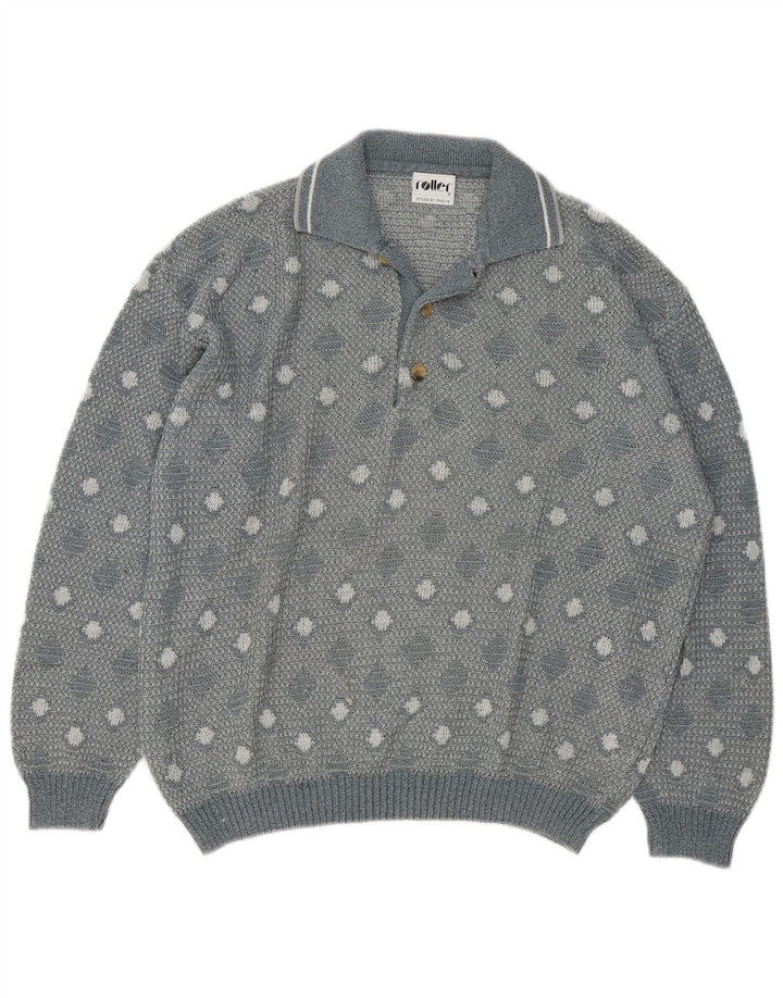Vintage Mens Polo Neck Jumper Sweater Large Grey Geometric