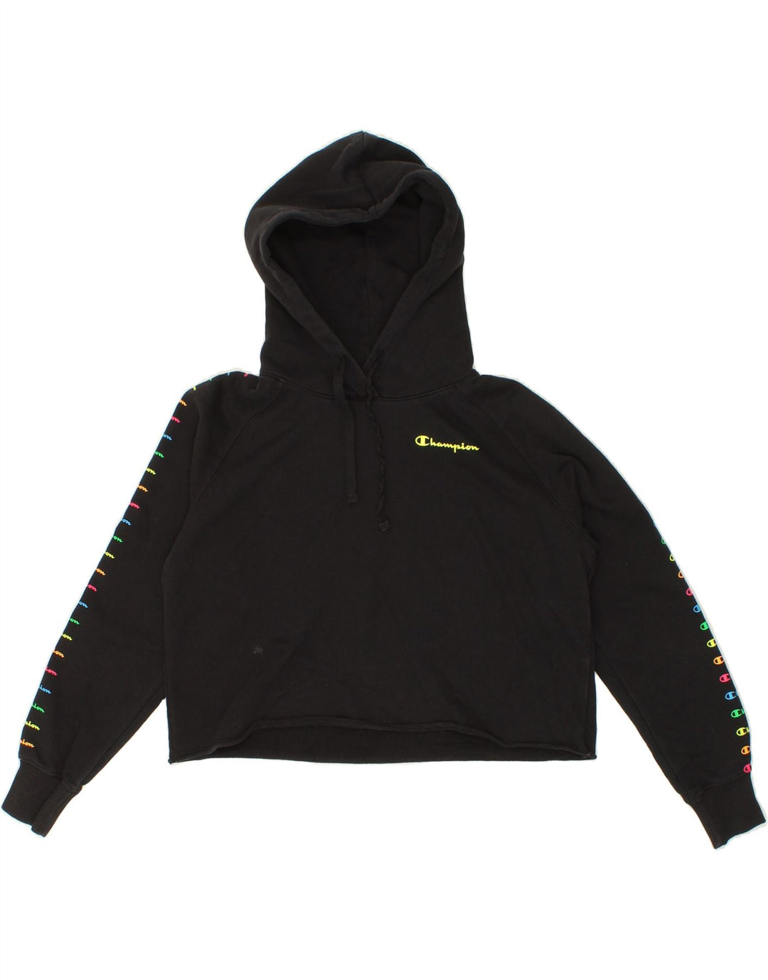 CHAMPION Womens Oversized Crop Hoodie Jumper UK 10 Small Black Vintage Champion and Second-Hand Champion from Messina Hembry 