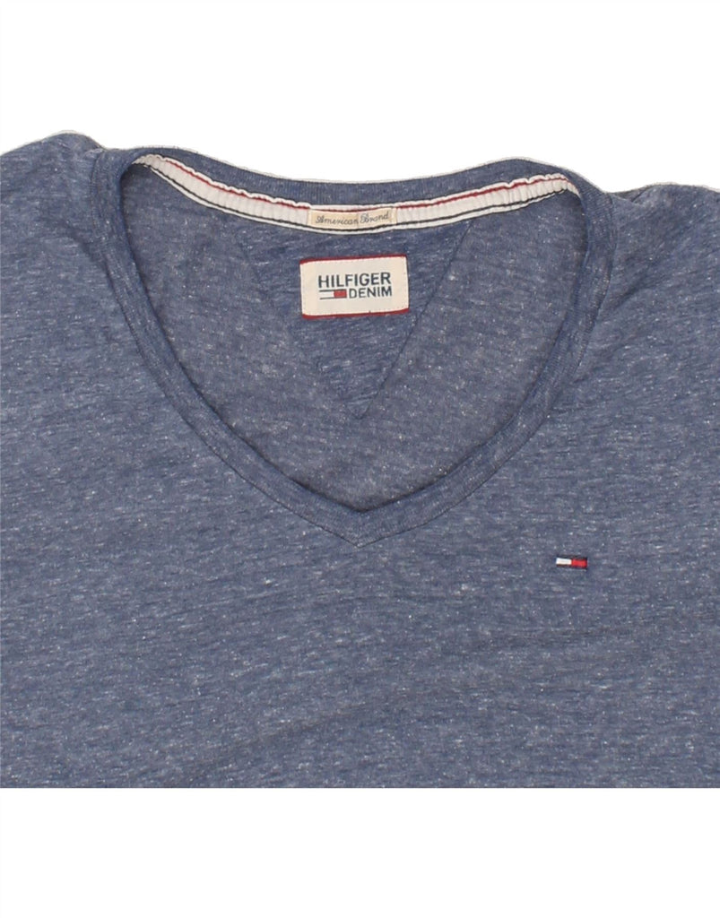 TOMMY HILFIGER Womens T-Shirt Top UK 14 Large Navy Blue Flecked Polyester Vintage Tommy Hilfiger and Second-Hand Tommy Hilfiger from Messina Hembry 