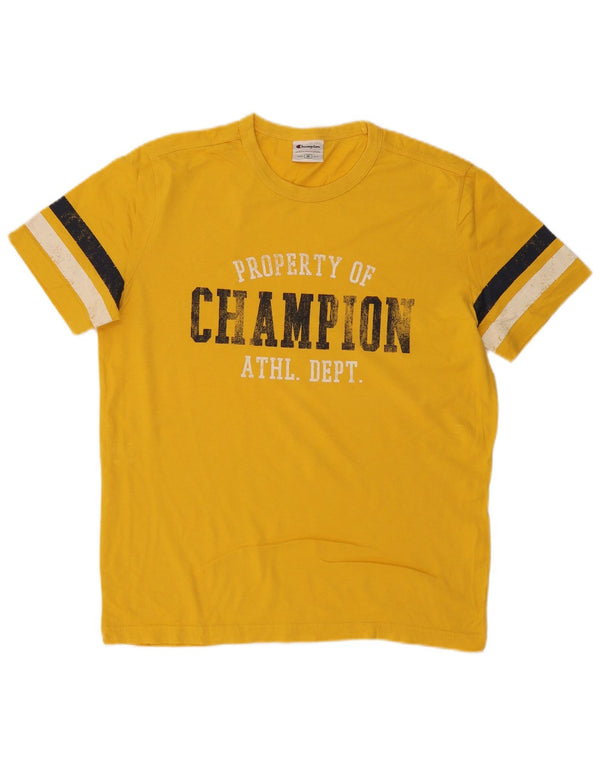 CHAMPION Mens Graphic T-Shirt Top Medium Yellow Colourblock Cotton