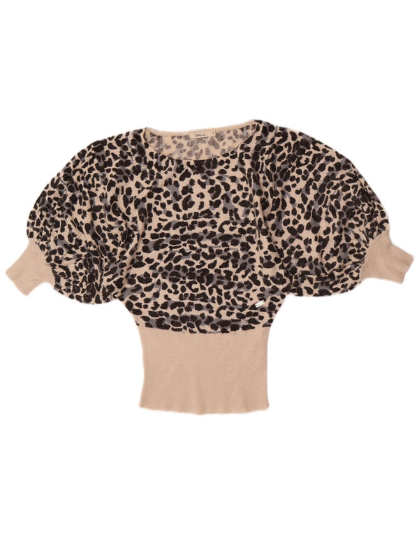 Vintage Womens 3/4 Sleeve Blouse Top UK 10 Small Beige Animal Print Viscose