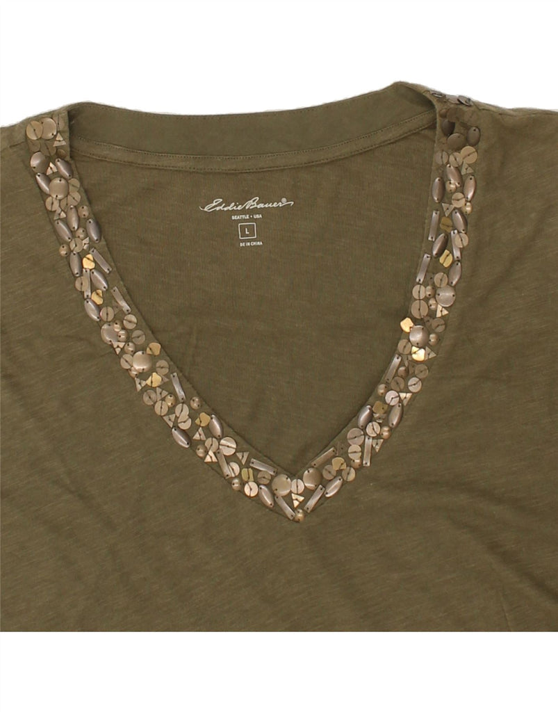 EDDIE BAUER Womens Seattle T-Shirt Top UK 16 Large Khaki Cotton | Vintage Eddie Bauer | Thrift | Second-Hand Eddie Bauer | Used Clothing | Messina Hembry 