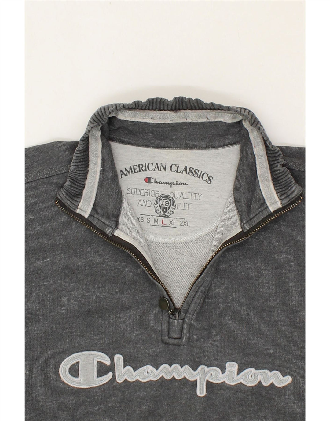 CHAMPION Mens Graphic Zip Neck Sweatshirt Jumper Large Grey Cotton Vintage Champion and Second-Hand Champion from Messina Hembry 