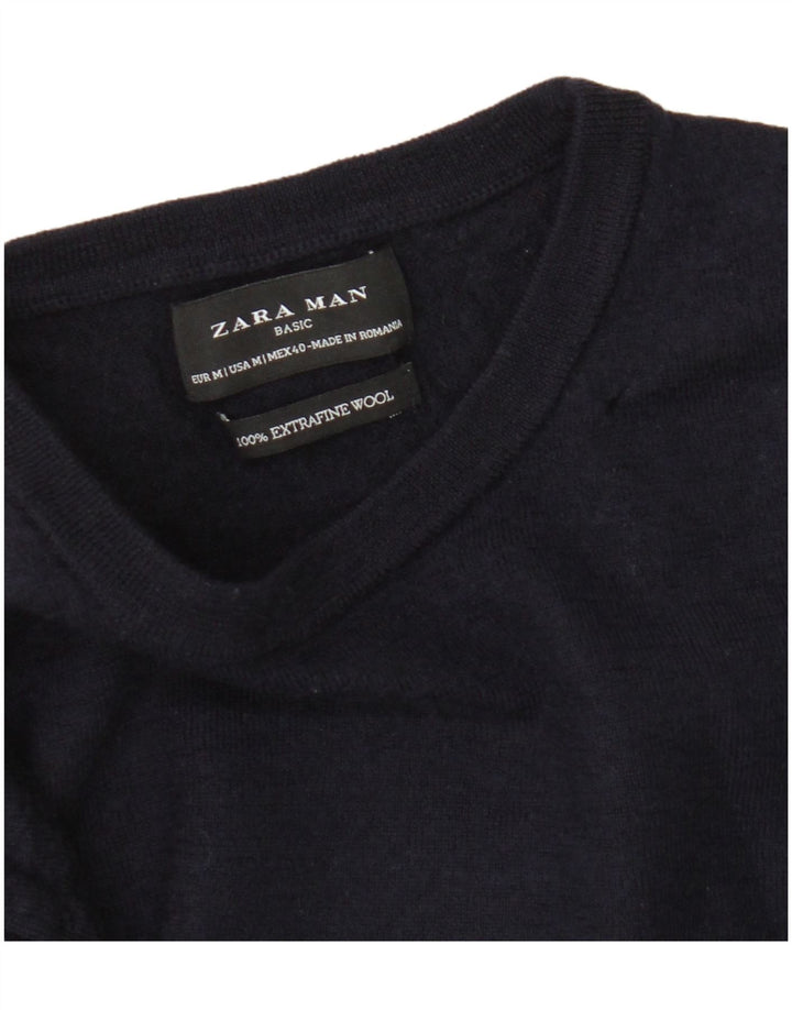 Zara Mens Crew Neck Jumper Sweater Medium Navy Blue Wool