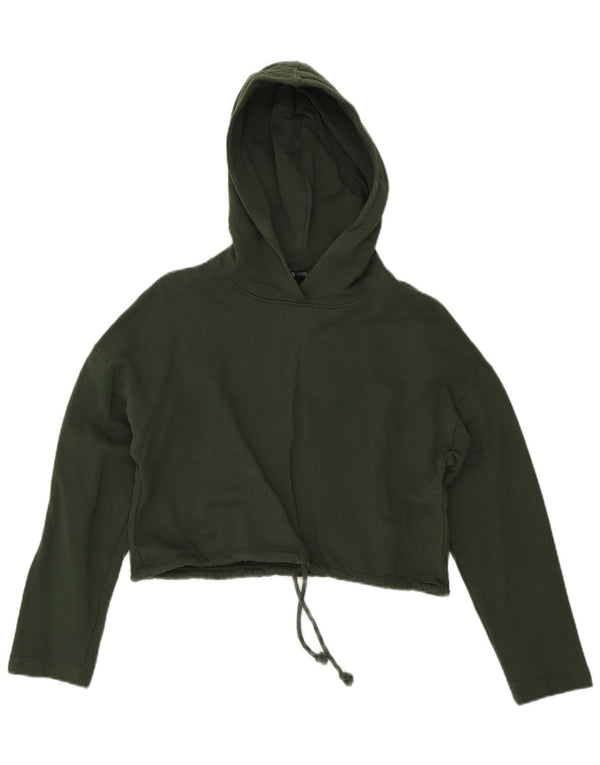 Zara Womens Crop Hoodie Jumper UK 14 Medium Green Cotton