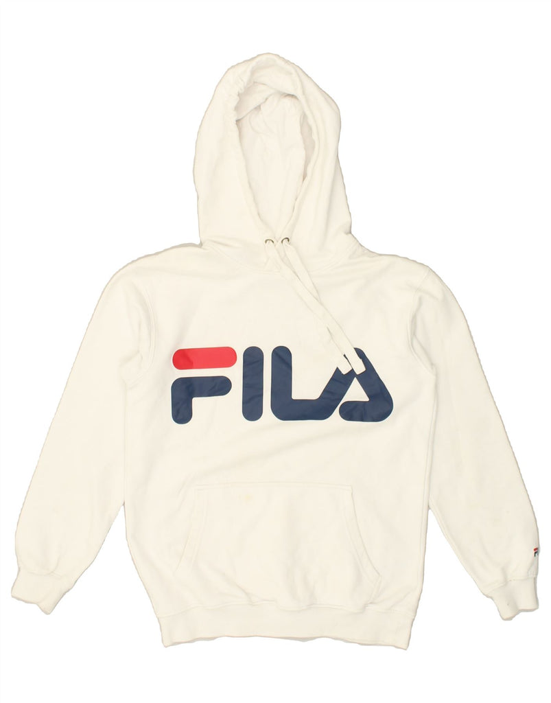 FILA Womens Graphic Hoodie Jumper UK 6 XS White Cotton | Vintage Fila | Thrift | Second-Hand Fila | Used Clothing | Messina Hembry 