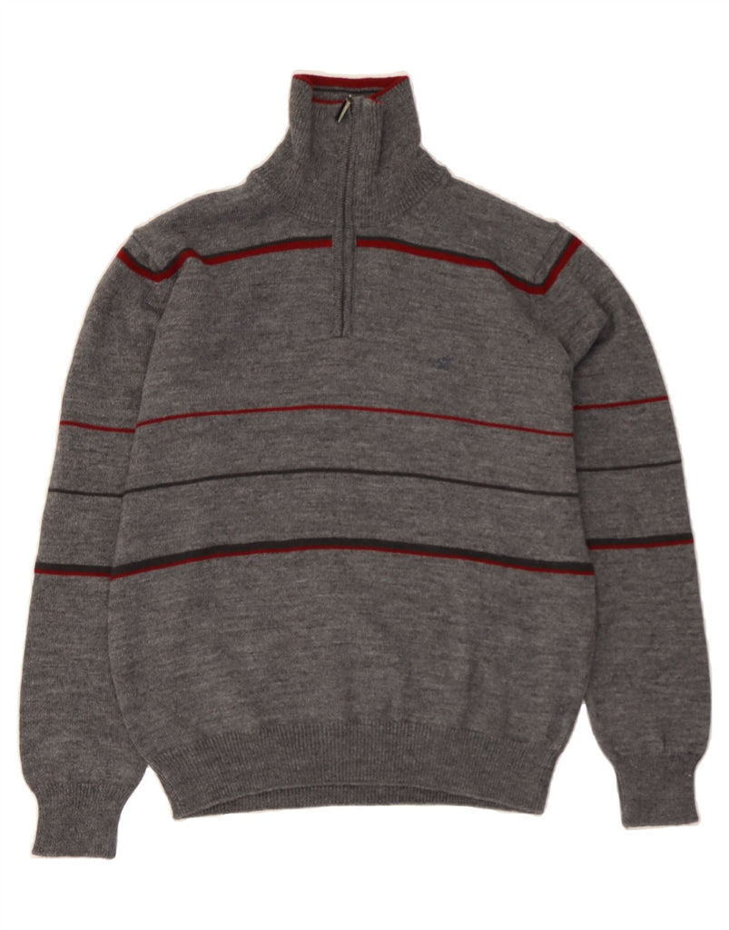 VINTAGE Mens Zip Neck Jumper Sweater Medium Grey Striped Wool Vintage Vintage and Second-Hand Vintage from Messina Hembry 