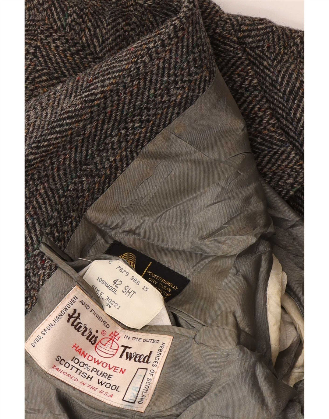 Harris Tweed Mens Short Blazer Jacket UK 42 Medium Grey Herringbone