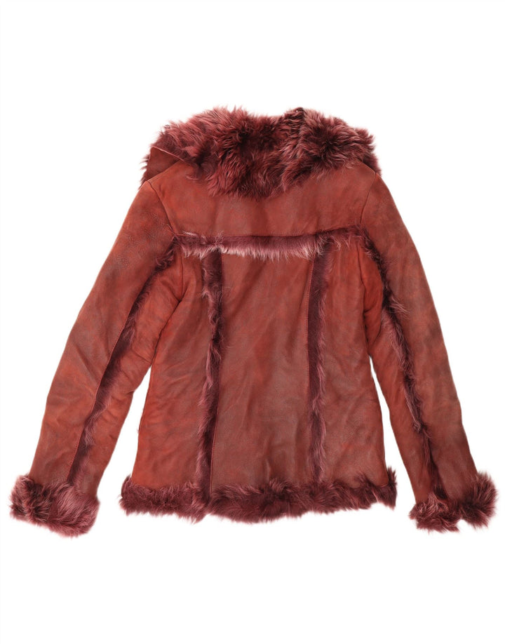L'autre Chose Womens Shearling Jacket UK 10 Small Burgundy