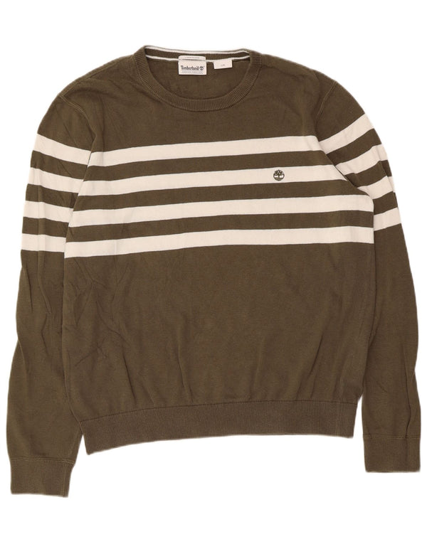 Timberland Womens Crew Neck Jumper Sweater UK 16 Large Khaki Striped Cotton