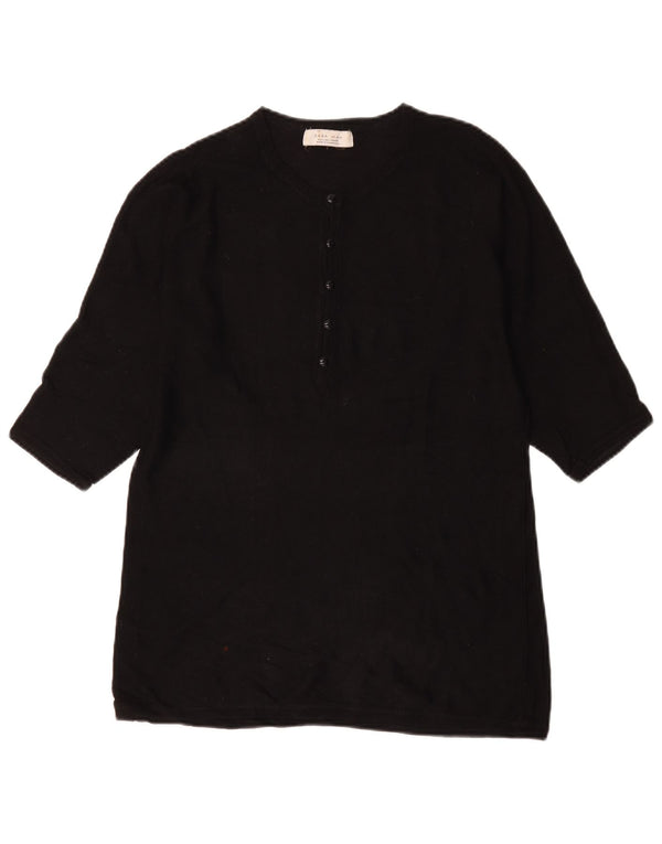 Zara Mens Short Sleeve Button Neck Jumper Sweater Large Black