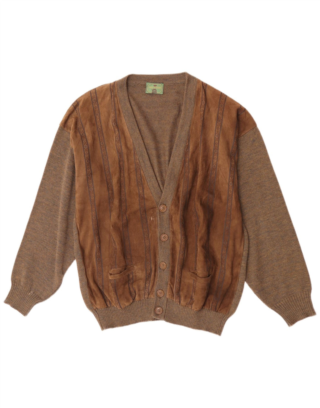 Vintage Mens Suede Cardigan Sweater Large Brown Geometric Wool