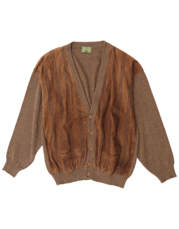 Vintage Mens Suede Cardigan Sweater Large Brown Geometric Wool