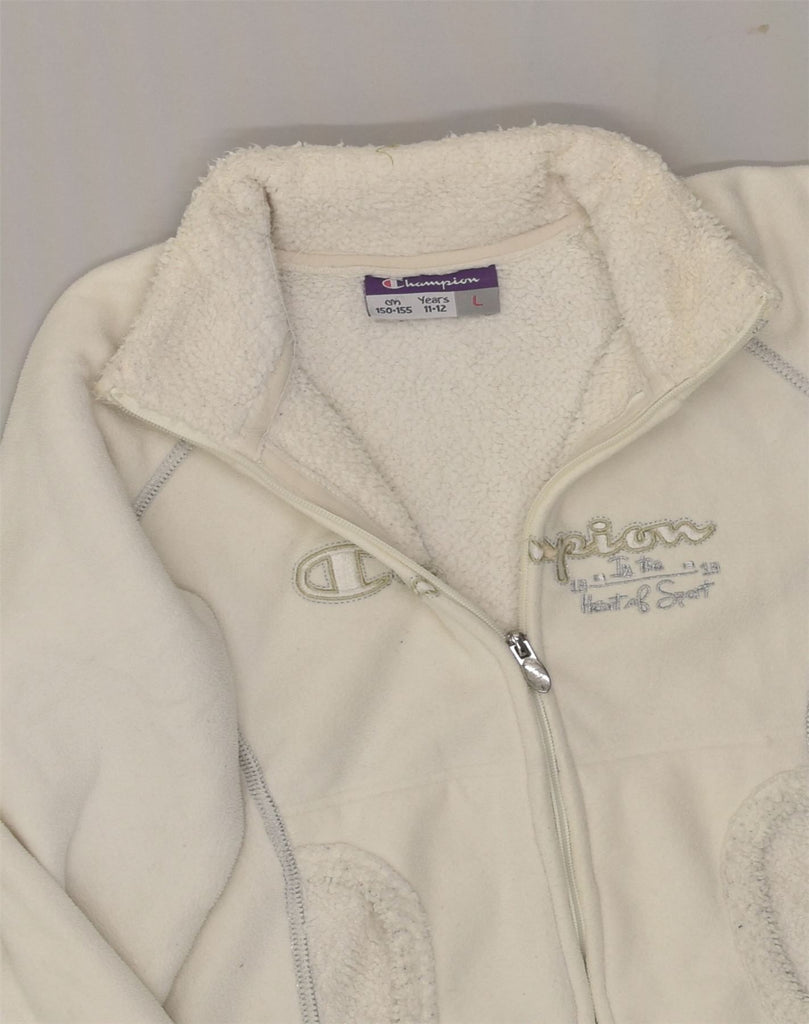 CHAMPION Girls Graphic Fleece Jacket 11-12 Years Large  Off White | Vintage Champion | Thrift | Second-Hand Champion | Used Clothing | Messina Hembry 