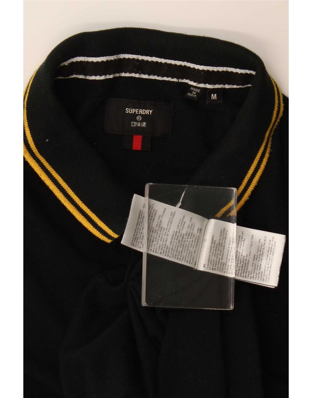 Superdry Mens Long Sleeve Polo Shirt Medium Black Striped Cotton