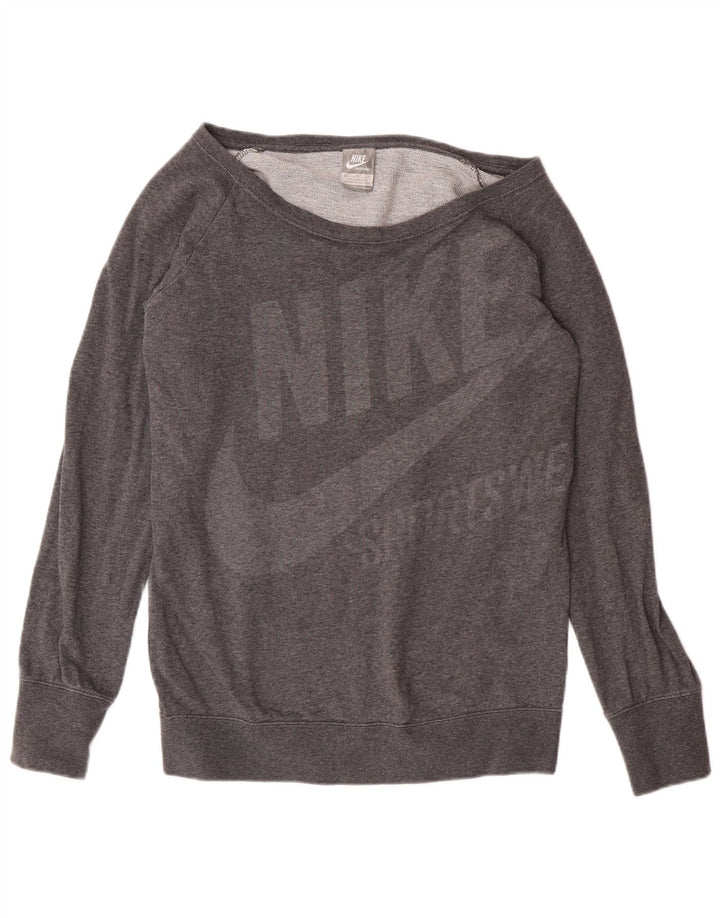 Nike Womens Graphic Off Shoulder Sweatshirt Jumper UK 12 Medium Grey Cotton