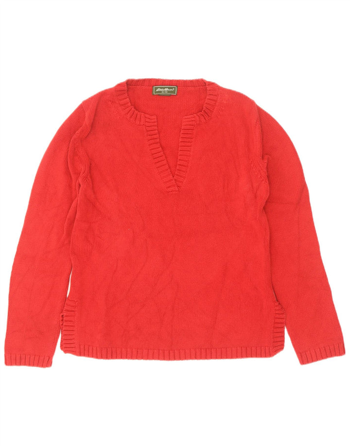 Eddie Bauer Womens V-Neck Jumper Sweater UK 12 Medium Red Cotton