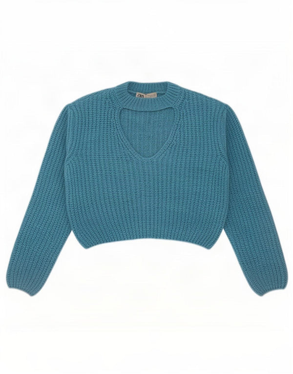 Zara Womens Crop Crew Neck Jumper Sweater UK 14 Medium Blue Acrylic