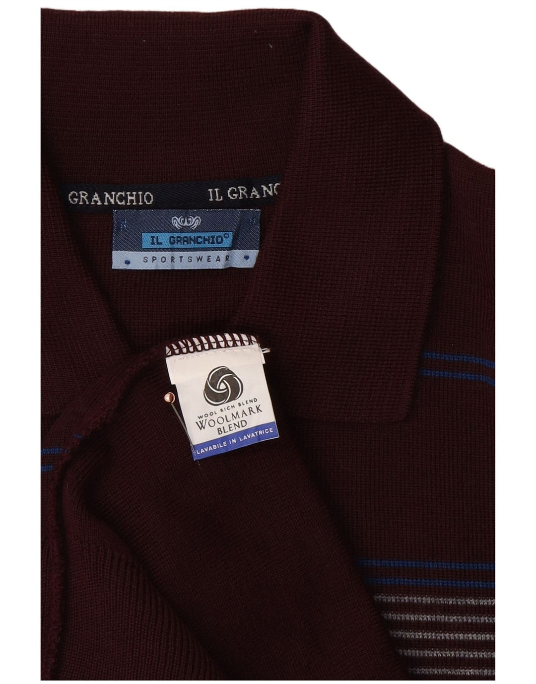 IL GRANCHIO Mens Polo Neck Jumper Sweater Large Maroon Striped Wool