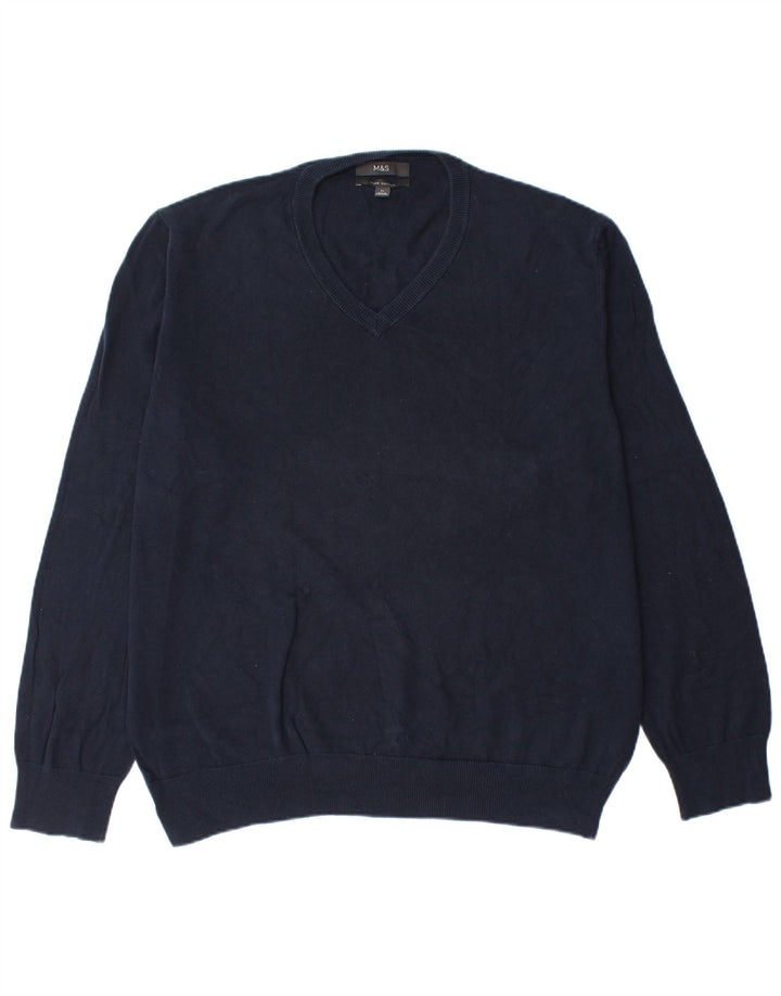 Marks & Spencer Mens V-Neck Jumper Sweater XL Navy Blue Cotton