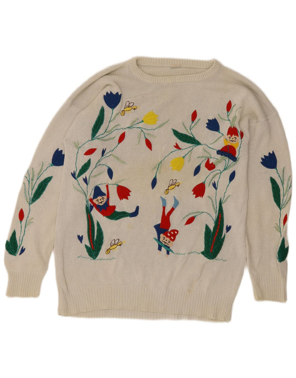 Vintage Womens Graphic Boat Neck Jumper Sweater UK 14 Large White Floral
