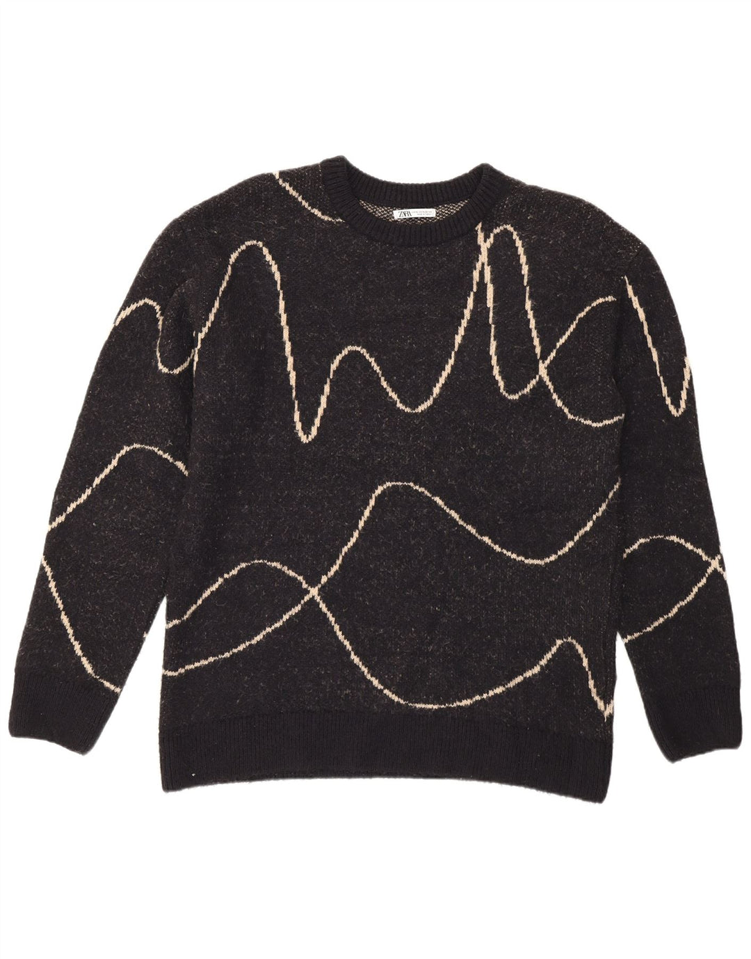 Zara Mens Crew Neck Jumper Sweater XL Black Striped