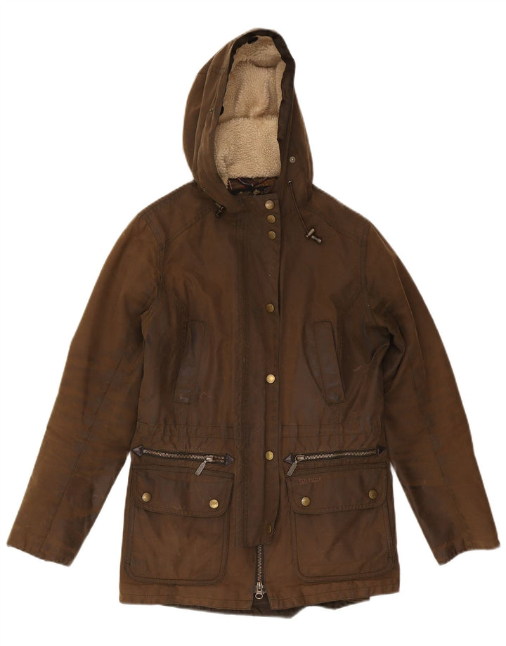 Barbour Womens Hooded Parka Jacket UK 10 Small Brown Cotton