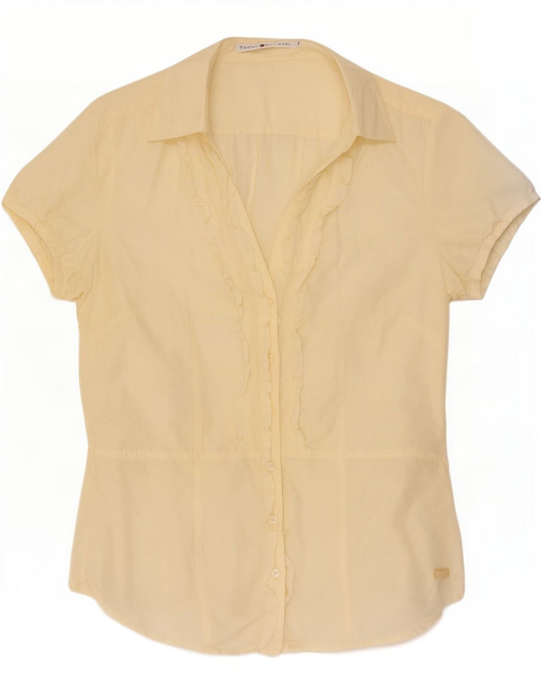 Tommy Hilfiger Womens Short Sleeve Ruffle Front Shirt US 8 Medium Yellow