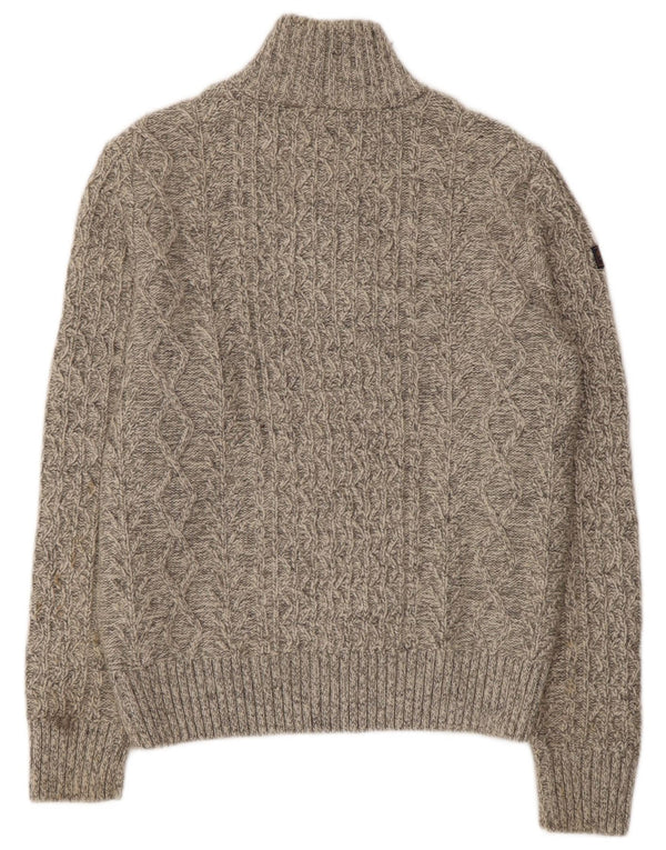 SUPERDRY Mens Zip Neck Jumper Sweater Large Beige Flecked Wool