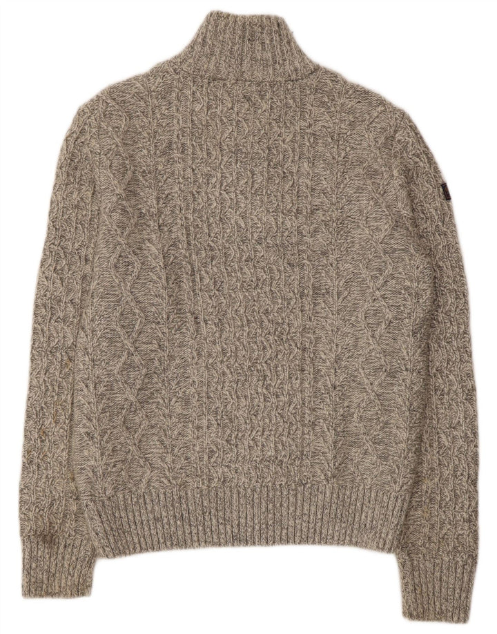 SUPERDRY Mens Zip Neck Jumper Sweater Large Beige Flecked Wool