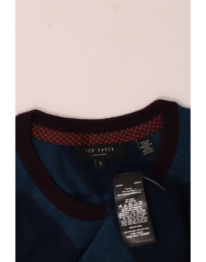 Ted Baker Mens Crew Neck Jumper Sweater Size 5 XL Blue Geometric Wool