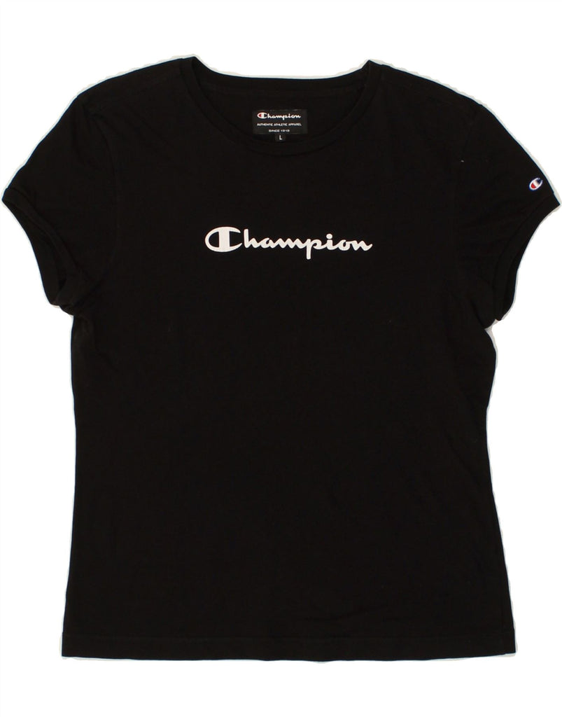 CHAMPION Womens Graphic T-Shirt Top UK 14 Large Black | Vintage Champion | Thrift | Second-Hand Champion | Used Clothing | Messina Hembry 