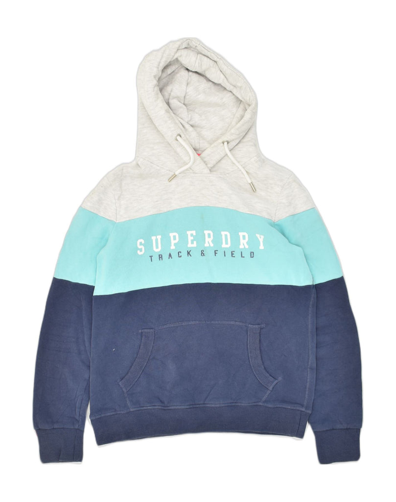 SUPERDRY Womens Graphic Hoodie Jumper UK 14 Large Navy Blue Colourblock | Vintage Superdry | Thrift | Second-Hand Superdry | Used Clothing | Messina Hembry 