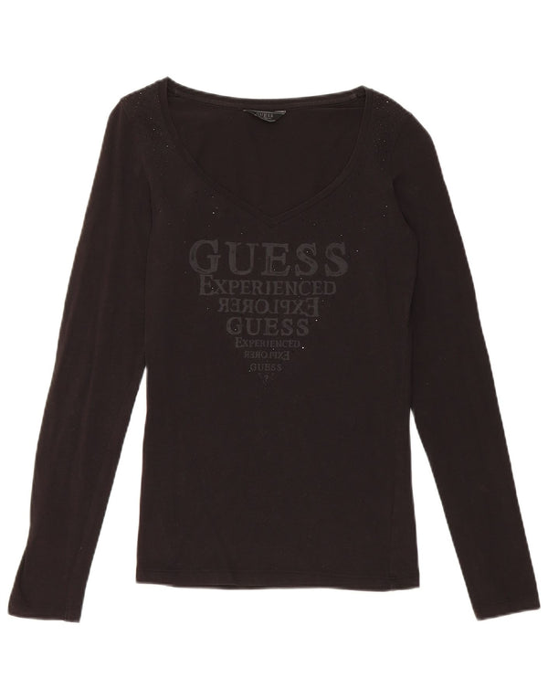 Guess Womens Graphic Top Long Sleeve UK 8 Small Black Cotton