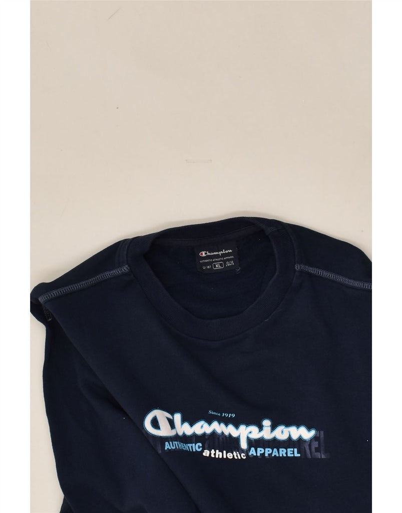 CHAMPION Boys Graphic Sweatshirt Jumper 13-14 Years XL  Navy Blue Cotton | Vintage Champion | Thrift | Second-Hand Champion | Used Clothing | Messina Hembry 