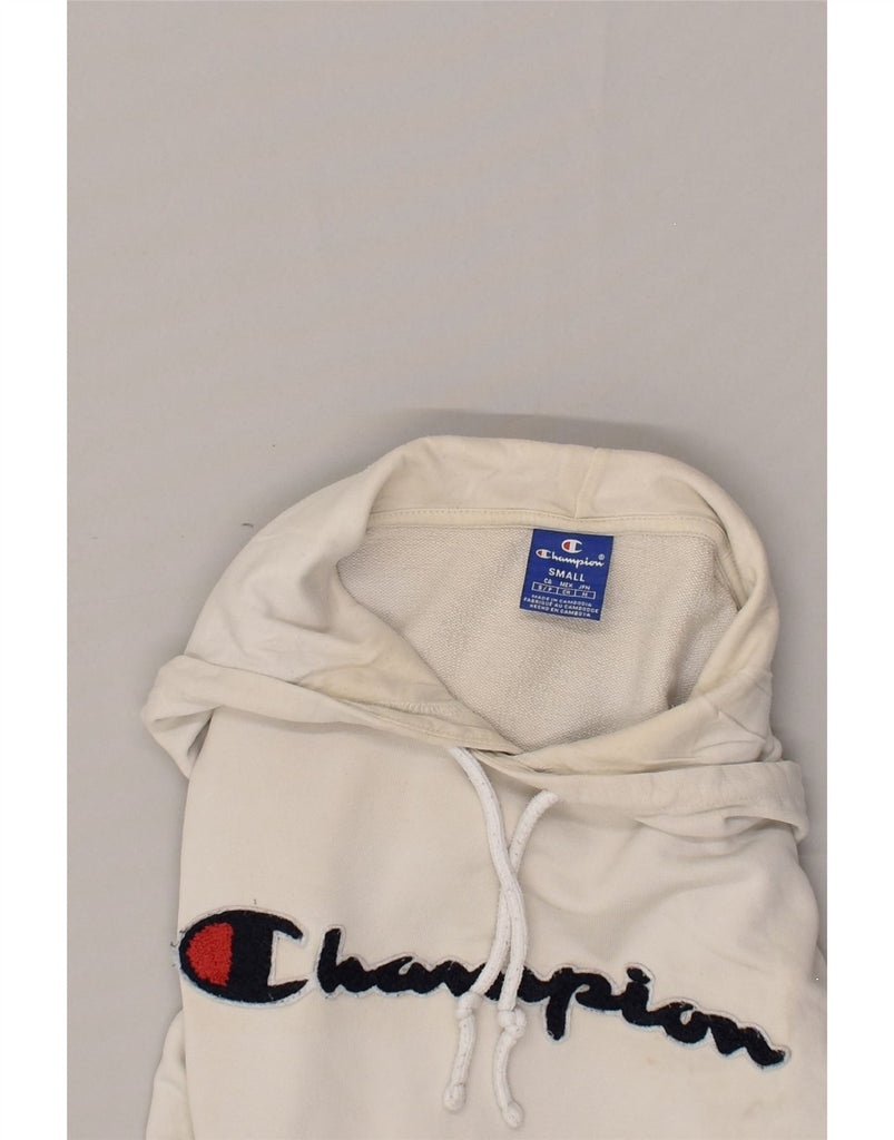 CHAMPION Mens Graphic Hoodie Jumper Small Off White Cotton | Vintage Champion | Thrift | Second-Hand Champion | Used Clothing | Messina Hembry 