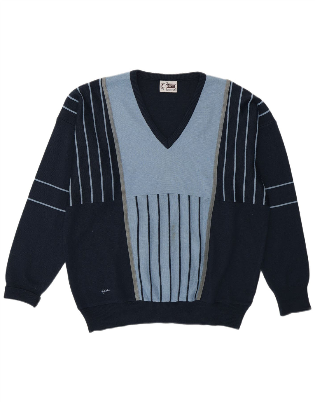 Gabicci Mens V-Neck Jumper Sweater Large Navy Blue Colourblock