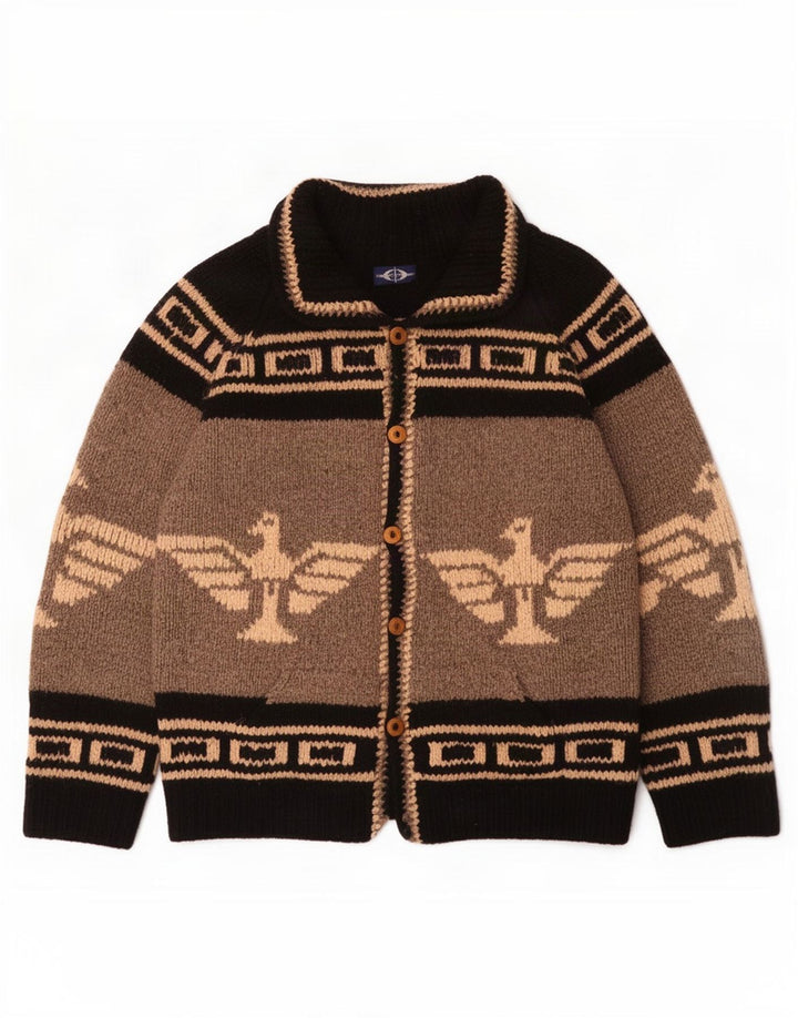 Mens Graphic Cardigan Sweater Large Grey Colourblock Aztec