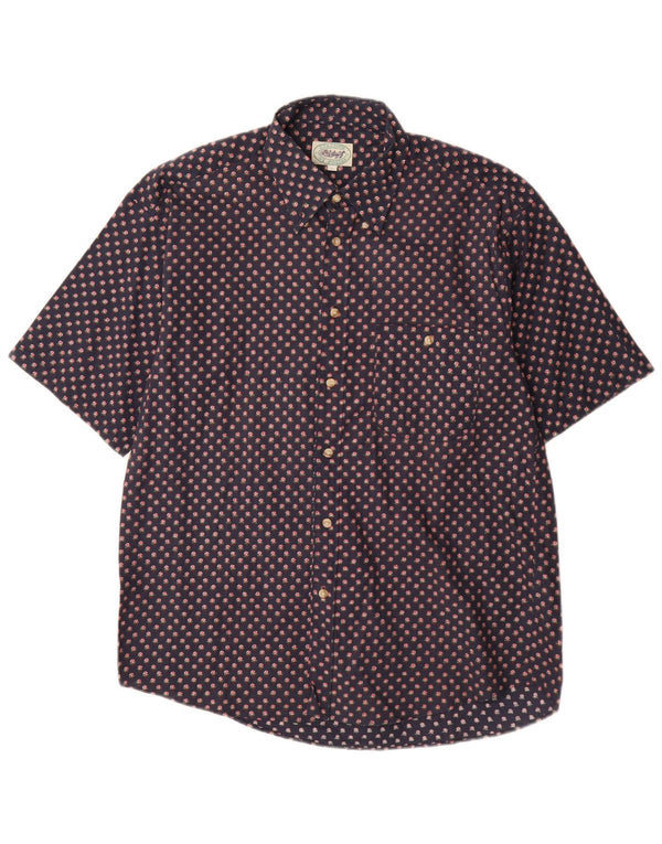 Vintage Mens Short Sleeve Shirt Large Navy Blue Floral Cotton