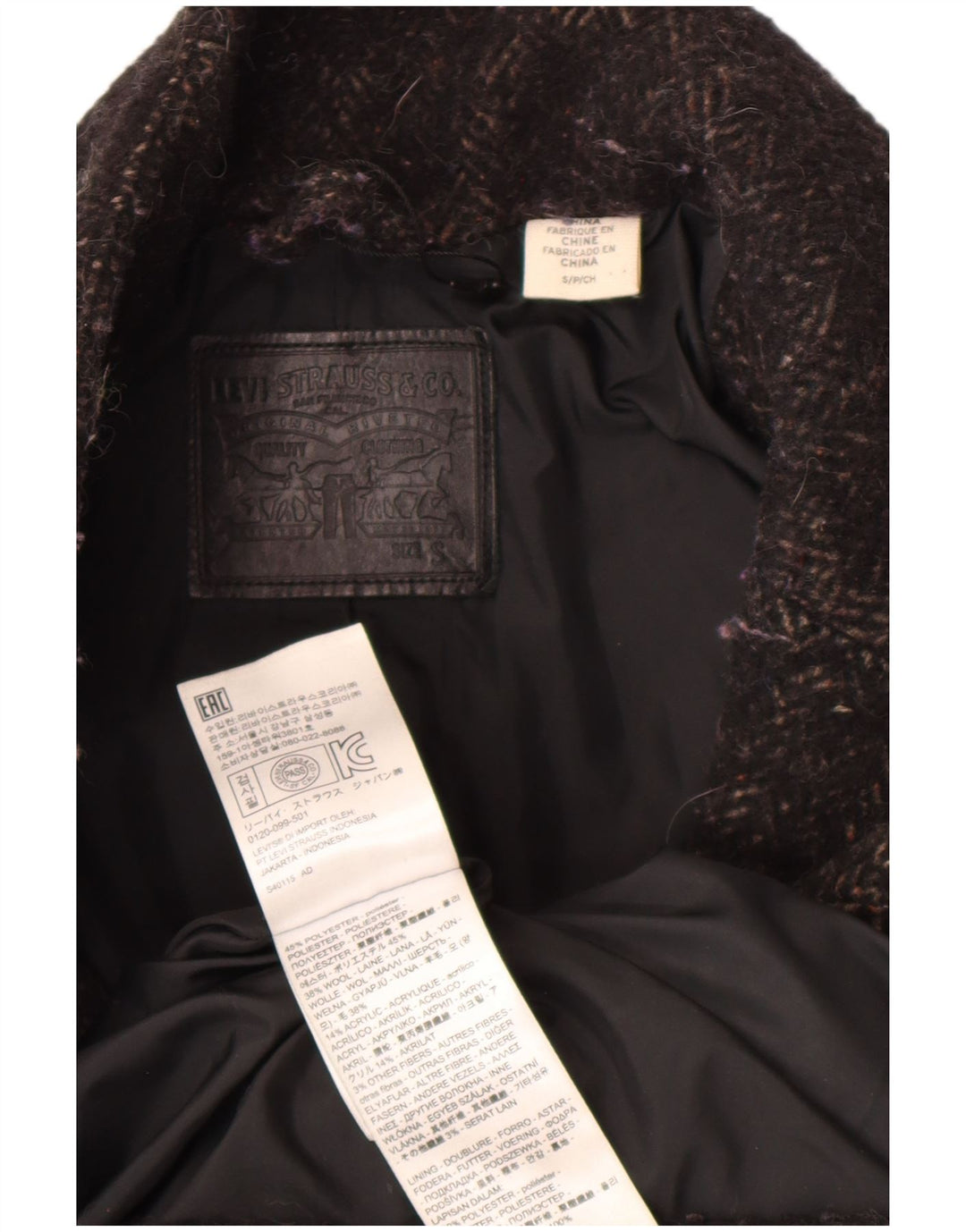 Levi's Womens Oversized Overcoat UK 10 Small Black Herringbone Polyester